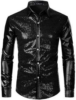 LucMatton Langärmelige Knopfleistenhemden für Herren, glänzende Metallic-Pailletten, 70er-Disco-Stil, für Halloween, Cosplay, Club, Rock-, Hip-Hop-Party, Schwarz, XL, metallisch, XL von LucMatton