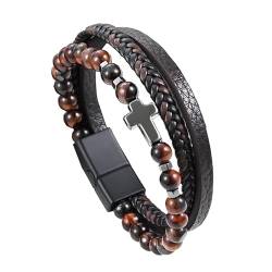 Lucktao kreuz Armband Herren,Jesus Christus Kruzifix Armband,Schwarz Geflochtene Echt Leder Armbänder mit Magnetverschluss,Herren Tigerauge Perlen Armband,Herren Armband,Geschenk für Männer von Lucktao