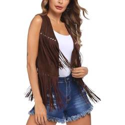 Damen Faux Wildleder Cowboy Ärmellos Weste Cardigan Jacke mit Fransen Weich Cowgirl Weste Kurze Fransenjacken Braun Weste mit Fransen Damen Retro Hippie-Kostüme 70er Fransenweste für Frauen von Luckywaqng