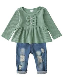 Lufebut Baby-Mädchen Bekleidungssets Rüschen Langarm Top + Jeans Hosen 2tlg Kleinkinder Mädchen Geburtstag Outfit Babykleidung Set Grün, 12-18 Monate von Lufebut