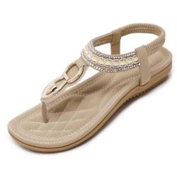 Lufebut Sandalen Damen Sommer Flache Freizeit Sandaletten Schuhe strand mit Weiches Fussbett Rutschfestem Bohemian Zehentrenner Aprikose-1, 37 EU von Lufebut