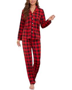 Lufebut Schlafanzug Damen Lang Zweiteiliger Pyjama Set Kariertes Nachtwäsche für Frauen Weihnachts Sleepwear Hausanzug Loungewear mit Taschen (Rot, XL) von Lufebut