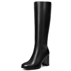 Lumeheel Kniehohe Stiefel für Damen, runder Zehenbereich, klobiger Absatz, Gogo-Stiefel mit seitlichem Reißverschluss, modische hohe Stiefel für Damen, Schwarz, 40 EU von Lumeheel