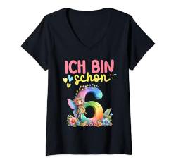 Damen Geburtstag 6 Mädchen Schmetterling Fee Blumen Party 6 Jahre T-Shirt mit V-Ausschnitt von Lustig Witzig Spruch Kinder Geburtstag