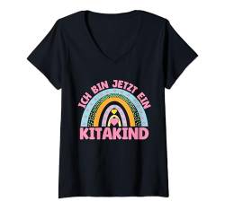 Damen Ich bin jetzt ein Kitakind 2024 Kindergarten Regenbogen T-Shirt mit V-Ausschnitt von Lustig Witzig Spruch Kinder