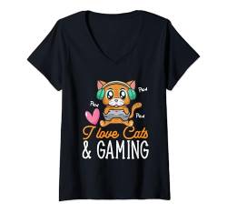 Damen Katze Gamer Videospiele Katze Gaming T-Shirt mit V-Ausschnitt von Lustige Gaming Katzen Designs & Gamer Bekleidung