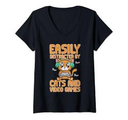 Damen Katze Gamer Videospiele Katze Gaming T-Shirt mit V-Ausschnitt von Lustige Gaming Katzen Designs & Gamer Bekleidung