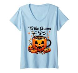 Damen Kürbis Kaffee Kaffeetasse Kürbis Tasse Halloween T-Shirt mit V-Ausschnitt von Lustige Halloween Kostüme Shirts