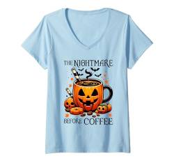 Damen Kürbis Kaffee Kaffeetasse Kürbis Tasse Halloween T-Shirt mit V-Ausschnitt von Lustige Halloween Kostüme Shirts