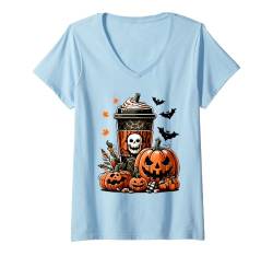 Damen Kürbis Kaffee Kaffeetasse Kürbis Tasse Totenkopf Halloween T-Shirt mit V-Ausschnitt von Lustige Halloween Kostüme Shirts