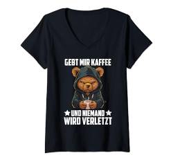 Damen Gebt Mir Kaffee Und Niemand Wird Verletzt Spruch Teddy-Bär T-Shirt mit V-Ausschnitt von Lustige Kaffee Sprüche Coffee Statement Shop