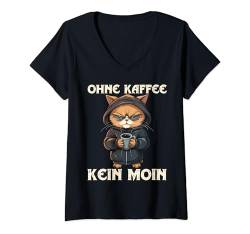 Damen Ohne Kaffee Kein Moin Witzig Katze Coffee Spruch Katzen T-Shirt mit V-Ausschnitt von Lustige Kaffee Sprüche Coffee Statement Shop