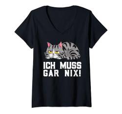 Damen Witzige Geschenke Katze Ironie Müde Büro Humor Faul T-Shirt mit V-Ausschnitt von Lustige Tshirt Humor Sarkasmus Ironisch Witzig