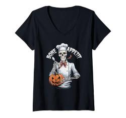 Damen Knochen Appetit Skelett Halloween Koch Skelett Kostüm T-Shirt mit V-Ausschnitt von Lustiger Koch Skelett Halloween Kostüm Geschenk