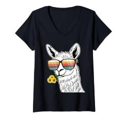 Damen Vintages Alpaka-Lama mit Brille, lustige Tiergrafiken T-Shirt mit V-Ausschnitt von Lustiger Lama-Alpaka-Tierliebhaber