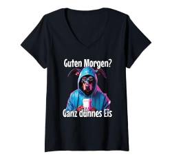 Damen Hund Cyberpunk Guten Morgen Ganz dünnes Eis Damen Dobermann T-Shirt mit V-Ausschnitt von Lustiger Spruch Geschenkidee Kaffee