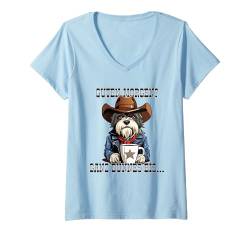 Damen Löwchen Cowboy Hund Guten Morgen Ganz dünnes Eis Damen T-Shirt mit V-Ausschnitt von Lustiger Spruch Geschenkidee Kaffee