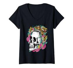 Damen Damen Totenkopf-Bandana-Stirnband mit floralen Halloween T-Shirt mit V-Ausschnitt von Lustiges Totenkopf-Halloween-Skelett für Frauen