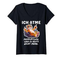 Damen Witzige Geschenke Tiger Faul Büro Funny Sprüche Sarkasmus T-Shirt mit V-Ausschnitt von Lustiges Tshirt Witzig Humor Faulenzer Faul Fun