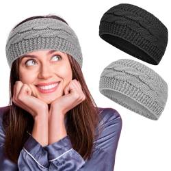 Lvefyti 2 Stück Stirnband Damen,Winter Fleece Stirnbänder,Gestrickte Elastische Haarreifen,Verdicken Ohrenwärmer Haarband,Plüsch Headband für Skifahren Skifahren Joggen(Schwarz + Grau) von Lvefyti