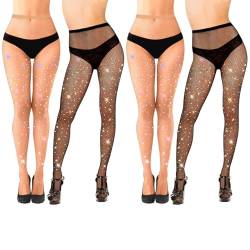 Lvefyti 4 Stück Strumpfhose Damen Glitzer mit Strass,Glitzernde Strassstrümpfe für Damen,Netzstrumpfhosen Glitzer,Glitzernde Strass Netzstrumpfhose für Party,Performances,Tänze,Halloween,Cosplay von Lvefyti