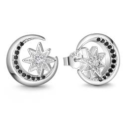 Lydreewam Mond und Stern Ohrringe für Damen 925 Sterling Silber Schwarz Weiß Zirkonias Ohrstecker für Muttertag Geburtstag von Lydreewam