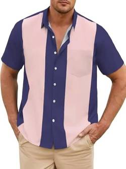 Herren Vintage Bowling Shirts 1950er Casual Kurzarm Button Up Kontrast Shirt Sommer Farbblock Kubanische Hemden, Violett und Rosa, 3X-Groß von Lzzidou