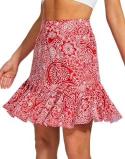 M MOTEEPI Tennisrock Damen Hosenrock Skirts Skort 19" Knielang Ruffle Saum Rock mit Hose Drunter Rock Damen Fahrradrock Golfrock Hohe Taille mit 3 Taschen Rotes Paisley L von M MOTEEPI