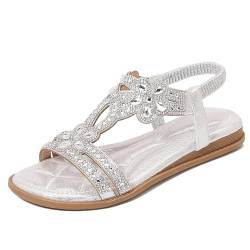 M&Catree Damen Sandalen Sommer Flip Flops PU Leder Strass Bohemian Stil Flach Freizeit Zehentrenner Strand Sommerschuhe - Silber, CN 43 von M&Catree