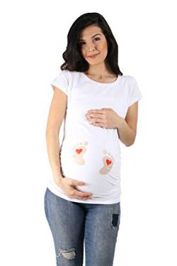 Fußabdrücke Baby mit Herz - Lustige witzige süße Umstandsmode mit Motiv Umstandsshirt für die Schwangerschaft T-Shirt Schwangerschaftsshirt, Kurzarm (Weiß, Large) von M.M.C.