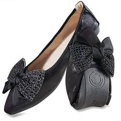 MACHSWON Damen-Ballerinas, funkelnd, bequem, lässig, spitzer Zehenbereich, Schleife, zum Reinschlüpfen, Hochzeit, Ballerina, elegante flache Schuhe, Schwarz02, 41.5 EU von MACHSWON