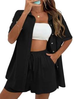 MAGIMODAC Damen Baumwolle Bluse Kurzarm Hemd Shirt Hemdshirt Urlaub Freizeit Oberteile mit Knöpfen Hemdbluse Sommer Shorts Kurze Hose Zweiteiler Set Schwarz M von MAGIMODAC