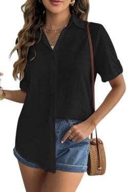 MAGIMODAC Damen Baumwolle Shirt Kurzarm Hemd Bluse Hemdbluse V Ausschnitt Sommer Freizeit Shirt Casual Lässig Oberteile mit Knopfleiste Schwarz 2XL von MAGIMODAC