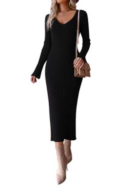 MAGIMODAC Damen Pullikleid Strickkleid Midi Kleider Freizeitkleid Lässig Herbst Winter gestricktes Kleid Lang mit Gürtel Schwarz XL von MAGIMODAC