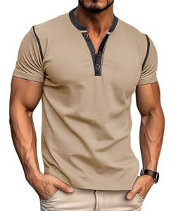 MAGIMODAC Herren Tshirt Kurzarm Sommer Hemd Baumwolle V Ausschnitt Henley Shirt Tee Tops T-Shirts mit Knopfleiste Khaki L von MAGIMODAC