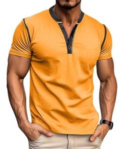 MAGIMODAC Herren Tshirt Kurzarm Sommer Hemd Baumwolle V Ausschnitt Henley Shirt Tee Tops T-Shirts mit Knopfleiste Orange M von MAGIMODAC