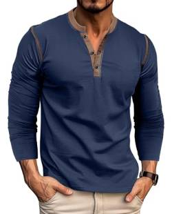 MAGIMODAC Langarm Tshirt Herren Hemd Oberteile Baumwolle Langarmshirt V Ausschnitt Henley Shirt Tee Top T-Shirts mit Knopfleiste Dunkelblau M von MAGIMODAC