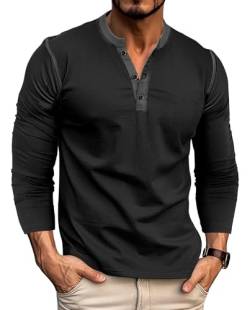 MAGIMODAC Langarm Tshirt Herren Hemd Oberteile Baumwolle Langarmshirt V Ausschnitt Henley Shirt Tee Top T-Shirts mit Knopfleiste Schwarz XL von MAGIMODAC