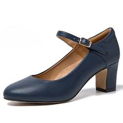 MAIERNISI JESSI Mary Jane Unisex-Schuhe, Blockabsatz, runde Zehenschnalle, mittelhoch, Kleid, Mattes Marineblau, 12 Women/10.5 Men von MAIERNISI JESSI