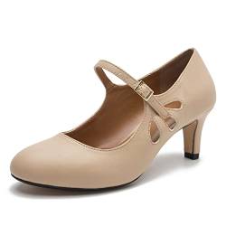 MAIERNISI JESSI Unisex Herren Damen Mary Jane Pumps Round Toe Kitten Heel Hollow Out Schuhe, Matt Nude, 9 Women/7.5 Men von MAIERNISI JESSI