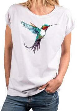 MAKAYA Kolibri T-Shirt Damen Top Sommer Oberteile Print Aufdruck Druck Damenshirt mit Motiv Große Größen Weiß M von MAKAYA