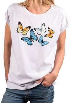 MAKAYA Schmetterling T-Shirt Damen Sommer Butterfly Top Frauen Oberteile Print Druck Motiv Weiß Große Größen L von MAKAYA