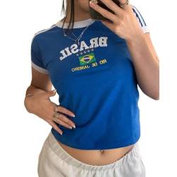 Baby Tees for Women Y2k Tops Brazil Crop Top Y2k T Shirts Graphic Tees for Women Vintage 90s Streetwear Shirts, Brasil-blau, Mittel von MANGMAO