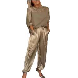 MAOAEAD Glattes Satin-Oberteil und Hose, Set mit halblangen Ärmeln, Oberteil und Hose, zweiteiliges Outfit für Damen, glattes Satin, Oberteil und Hose, khaki, 42 von MAOAEAD