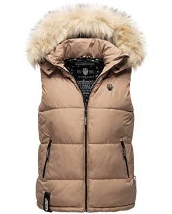 MARIKOO Damen Winter Weste Steppweste mit Kapuze und Fellkragen B896 [B896-Eisflöckchen-Taupe-Gr.S] von MARIKOO