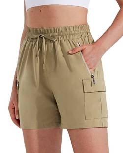 MASKERT Wanderhose Damen Kurz Outdoor Sports Shorts 5'' Laufshort Stretch Sporthose Laufhosen Sommer Kurze Cargohose Wandershorts mit Taschen, Khaki M von MASKERT