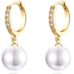 MASOP Perlenohrringe Gold Creolen Vergoldet AAA Zirkonia Ohrringe mit Runde Perlen Anhänger für Damen Frauen Mädchen von MASOP