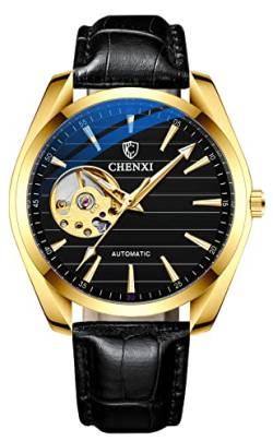 Unisex-Armbanduhr, groß, bunt, Zifferblatt, automatisch, mechanisch, Edelstahl, schwarzes Leder Gold & Black Dial von MASTOP