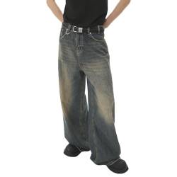 Classics Herren Jeans mit Tiefem Schritt 90's Baggy Pants Weit Geschnitten mit Gürtelschlaufe mit Taschen Vintage Blau Teenager Skateboard Jeanshosen Y2k Hip Hop Jeans(XL) von MASUCOR