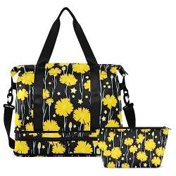 Gelbe Blumen-Reisetasche für Damen und Herren, Turnbeutel mit Schuhfach, Nassfach, Handgepäck, Wochenend-Übernachtungstaschen für Flugreisen, Fitnessstudio, Mehrfarbig, Large von MCHIVER